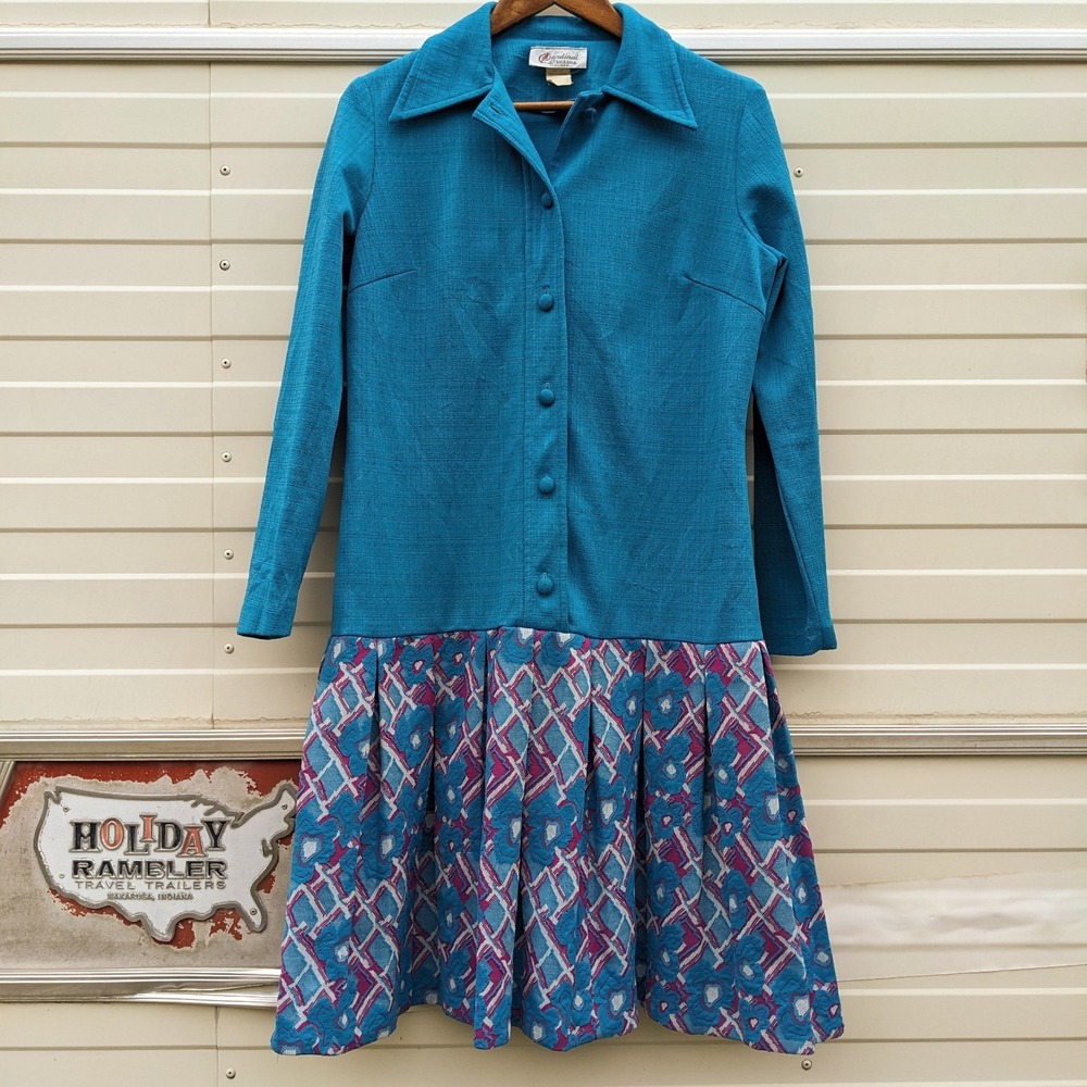 Vintage Mod Scooter Dress Large 60s 70s Blue Pleated Drop Waist Floral Button Up